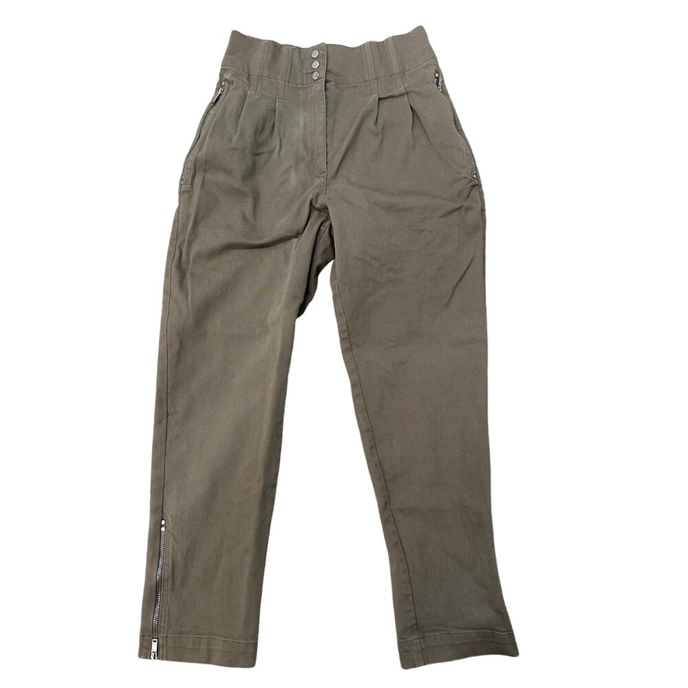 Reiss Pleated Straight Leg Tapered Trousers Mid-Rise Ankle Zip Khaki Green, 0